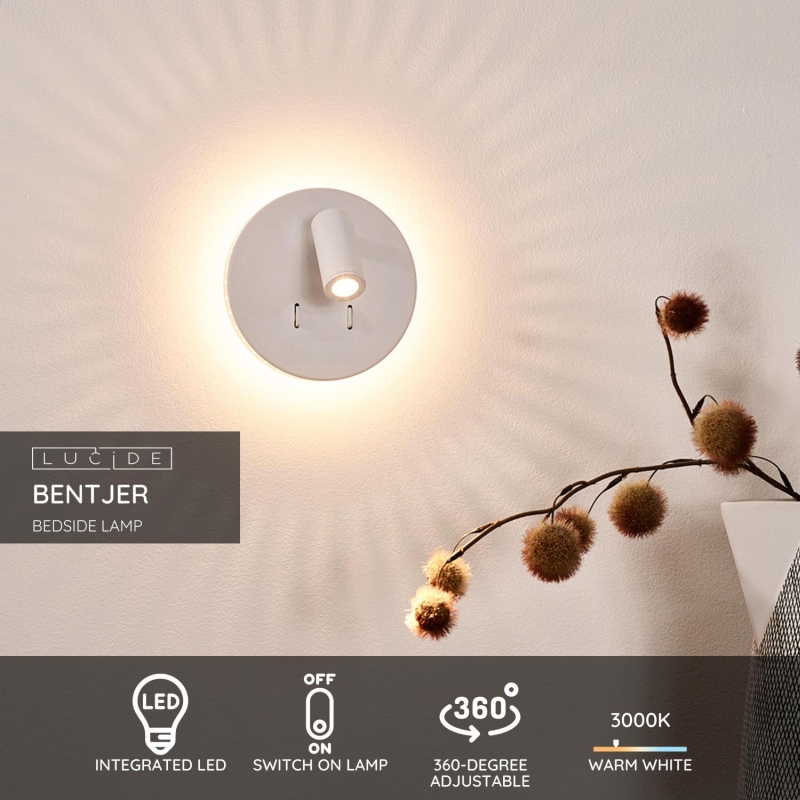 Lucide BENTJER - Nástenné svietidlo - Ø 14 cm - LED - 1x11W 3000K - Biele
